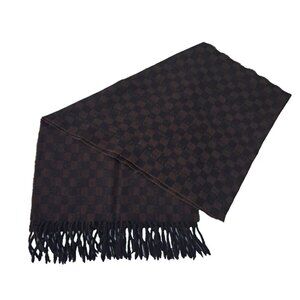 FENDI Vintage Art Knit Wool Pop Fringe Check Pattern Designer Brown SCARF